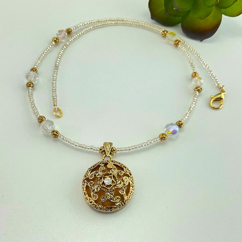 Host Pick! Antique Gold Filigree Pendant Necklace With Aurora Borealis Crystals - Picture 5 of 13